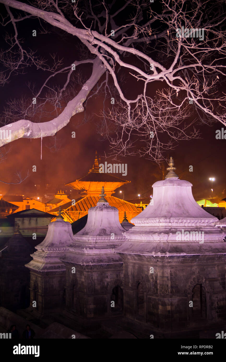 Tempio indù Pashupatinath di notte la luce votive, templi e santuari in una fila al tempio di Pashupatinath Kathmandu in Nepal. Foto Stock