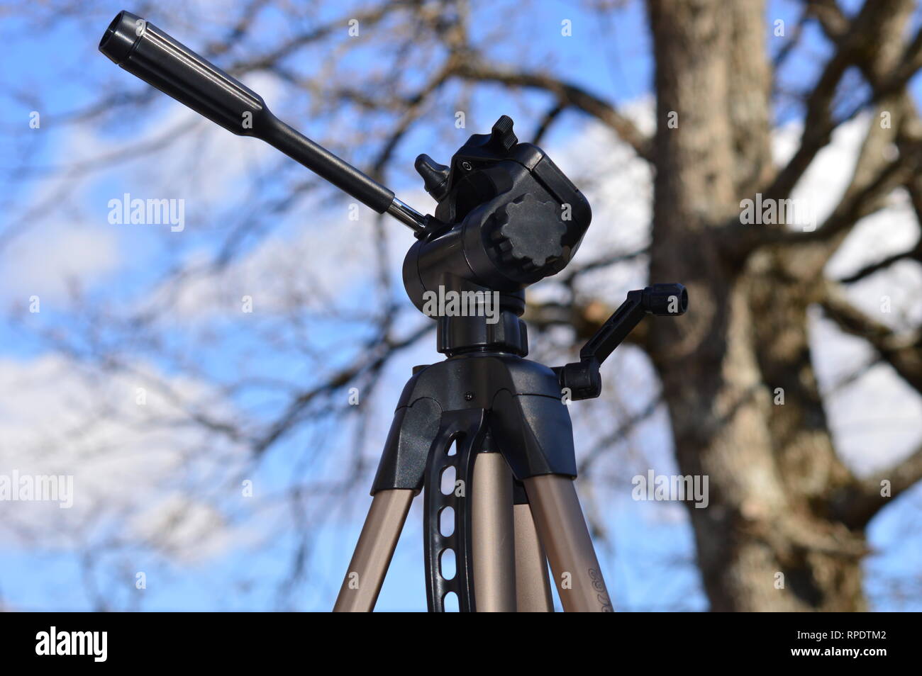 Un treppiede nel cielo blu con sfondo di foresta Foto Stock