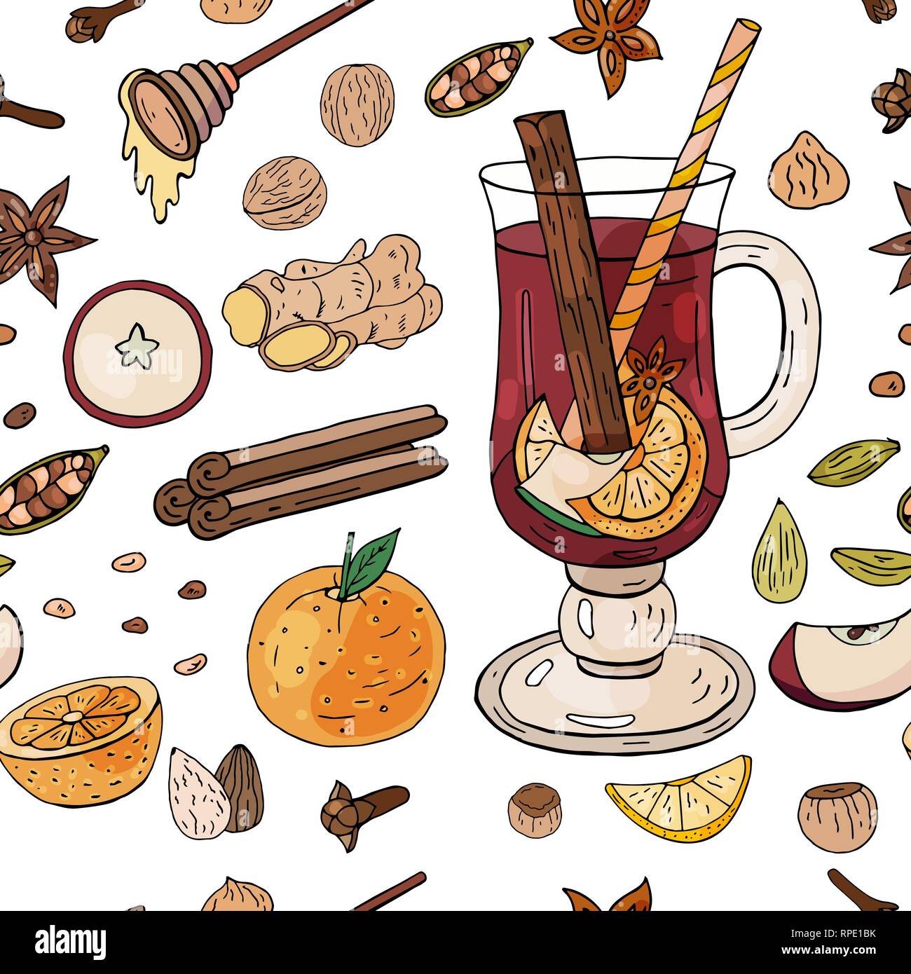 Modello senza cuciture con vin brulè, fruites e spezie Illustrazione Vettoriale