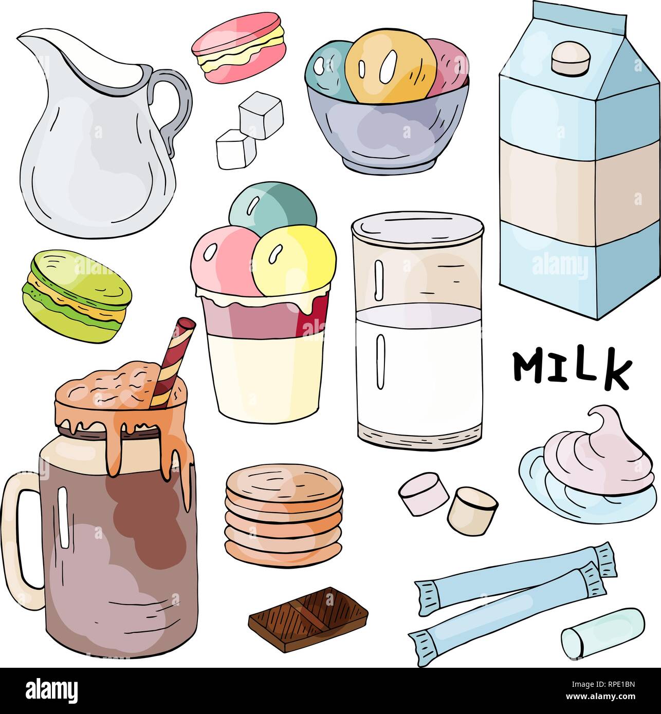 Set di mano elementi disegnati con latte, gelato e biscotti e marshmallow Illustrazione Vettoriale