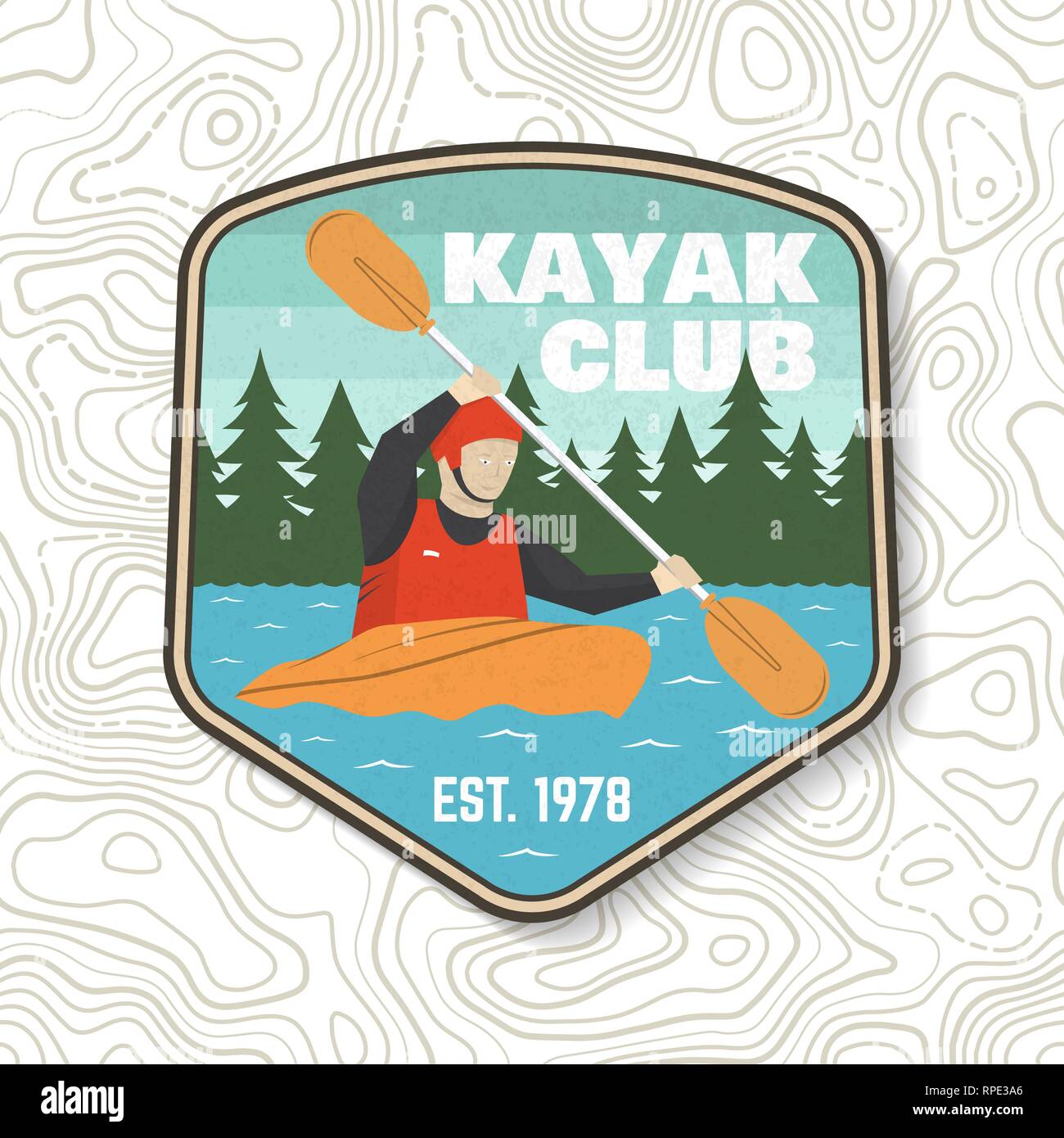 Kayak club patch. Illustrazione Vettoriale. Concetto di t-shirt, stampare il timbro o il raccordo a t. Vintage design tipografia con silhouette di kayaker. Extreme sport d'acqua. Outdoor adventure emblemi, kayak patch. Illustrazione Vettoriale