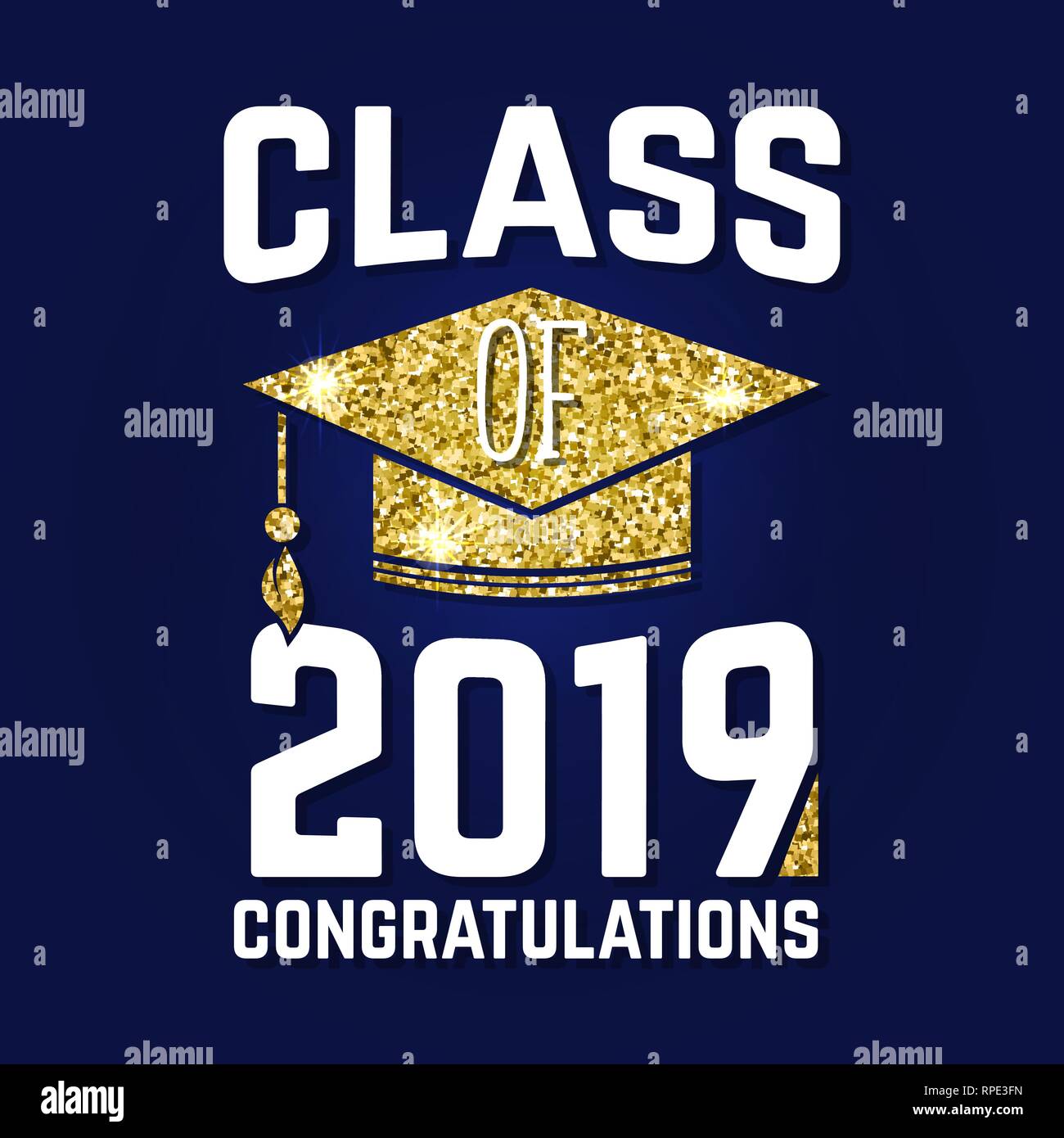 Classe Vector di 2019 badge. Concetto di camicia, stampare, guarnizione, una sovrapposizione o un timbro, saluto, scheda di invito. Design con cappuccio di graduazione e testo di classe. Illustrazione Vettoriale