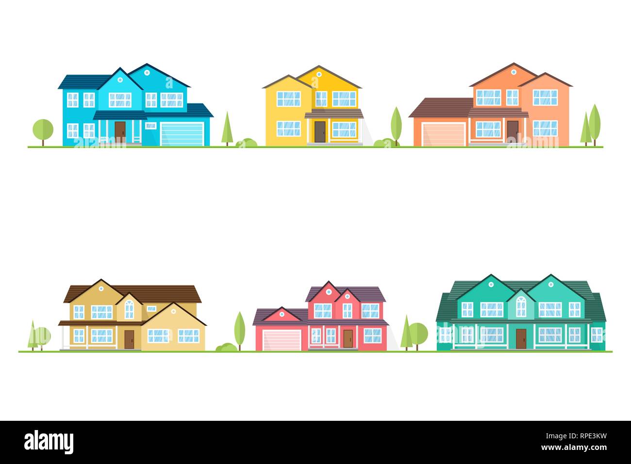 Quartiere con case illustrato su bianco. Vettore icona piatta suburbana case americane. Per il web design e applicazione di interfaccia, utile anche per infographics. Illustrazione Vettoriale. Illustrazione Vettoriale