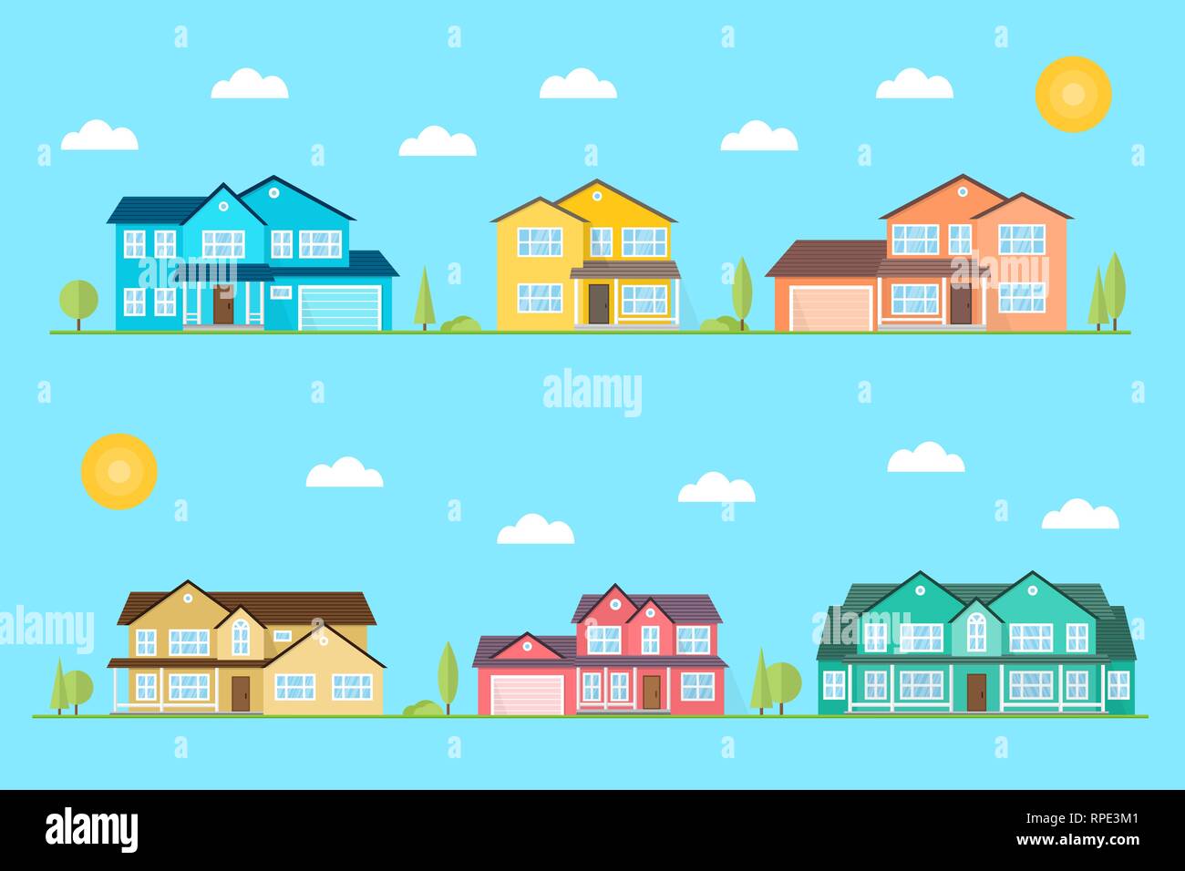Quartiere con case illustrato su sfondo blu. Vettore icona piatta suburbana case americane giorno per il web design e applicazione di interfaccia, utile anche per infographics. Illustrazione Vettoriale. Illustrazione Vettoriale