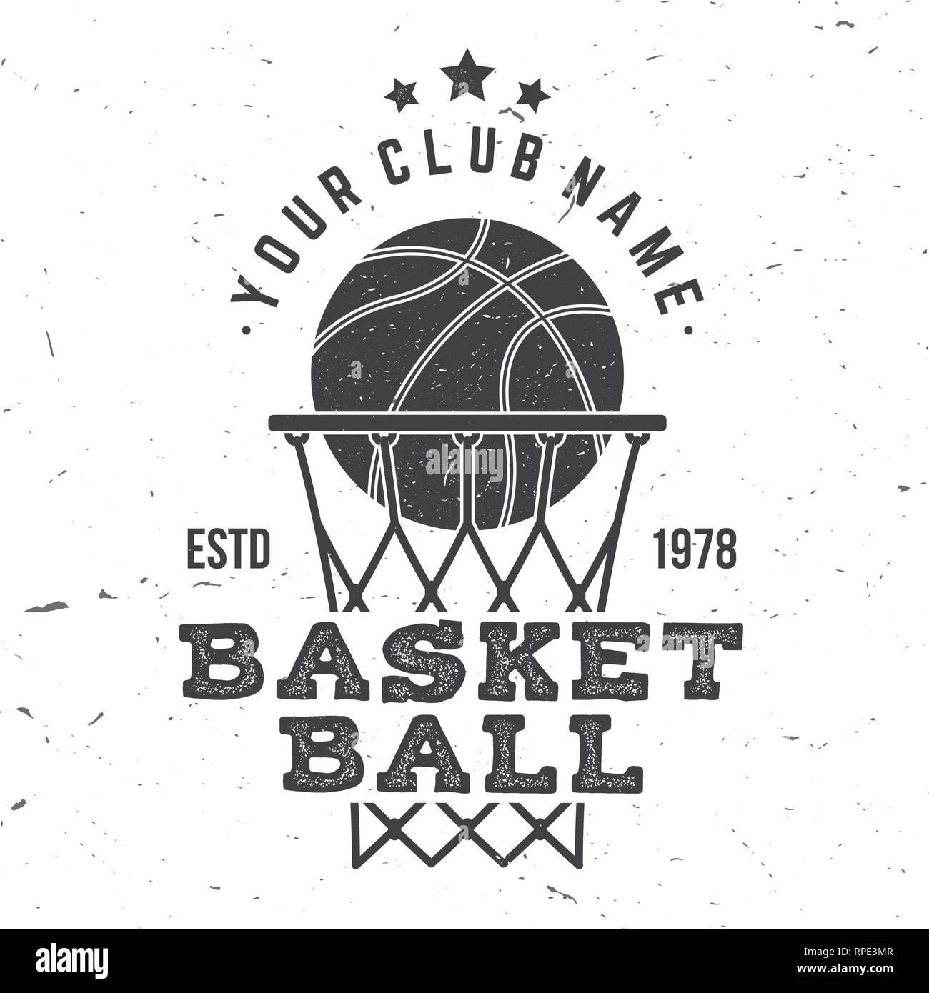 Il Basket Club badge. Illustrazione Vettoriale. Concetto di t-shirt, stampare il timbro o il raccordo a t. Vintage design tipografia con anello di pallacanestro, net e le sfere di silhouette. Illustrazione Vettoriale
