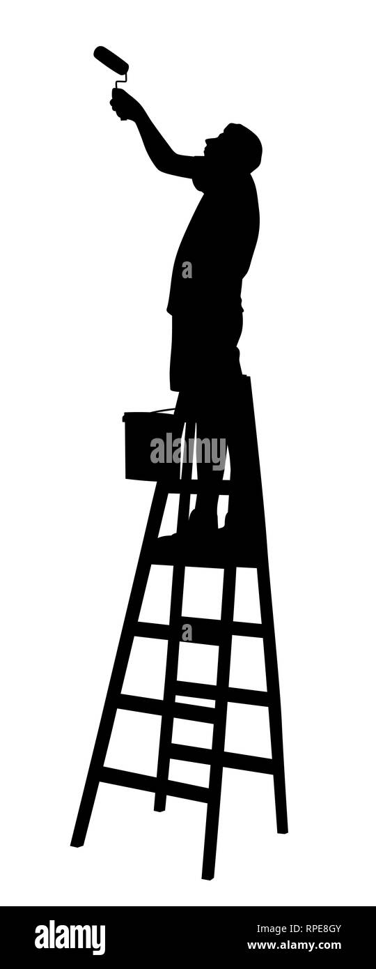 Pittore sulla scala la pittura a parete o soffitto con rullo di vernice Foto Stock