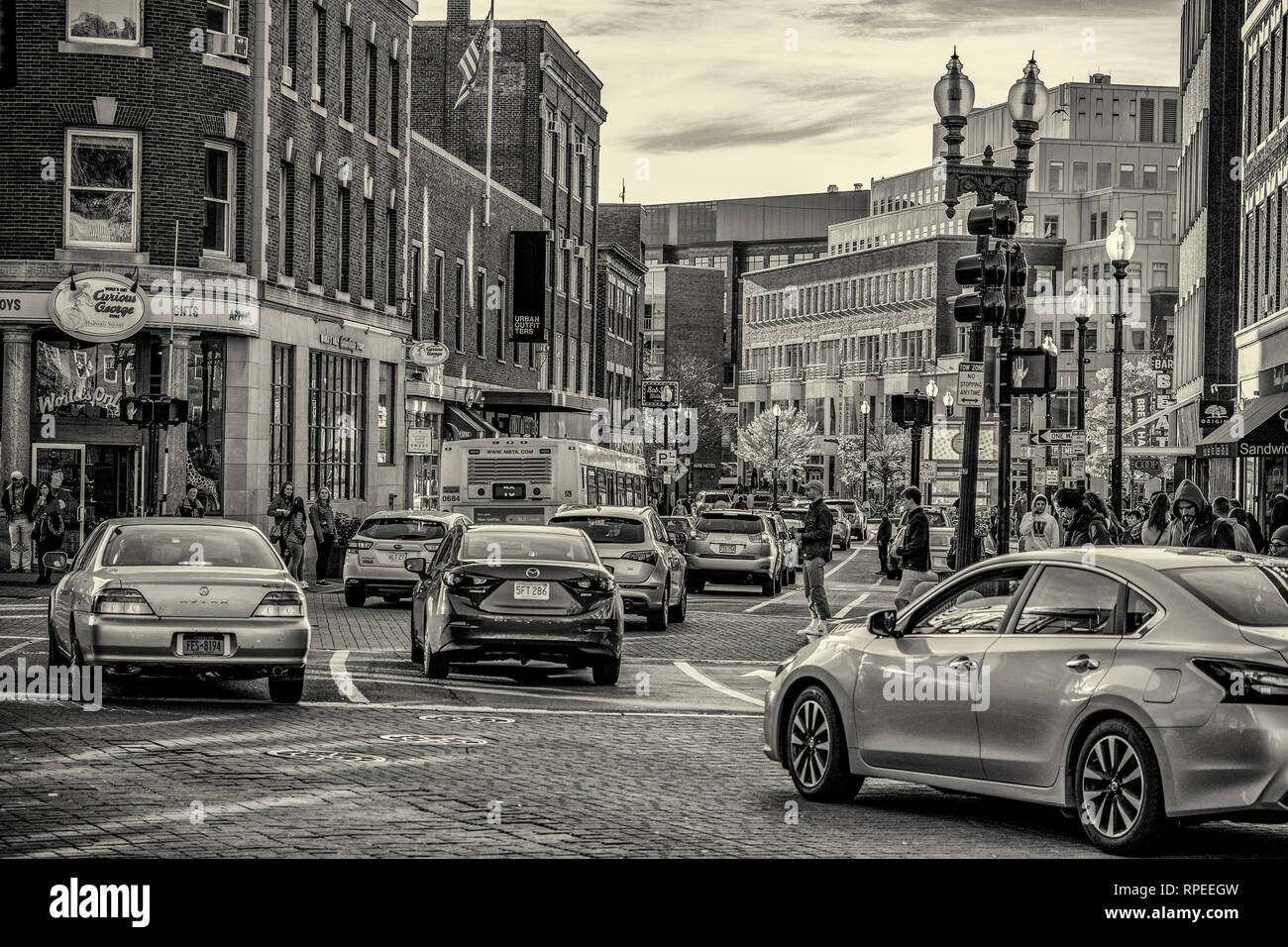 La congestione del traffico in Harvard Square a Cambridge, MA Foto Stock