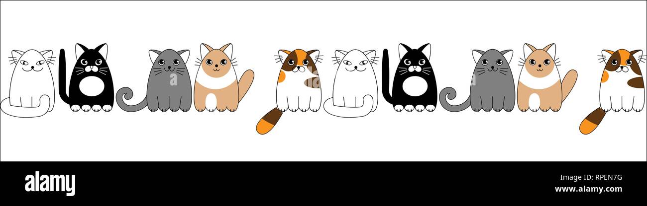Cartoon carino gatti colorati in una riga del modello senza giunture Illustrazione Vettoriale