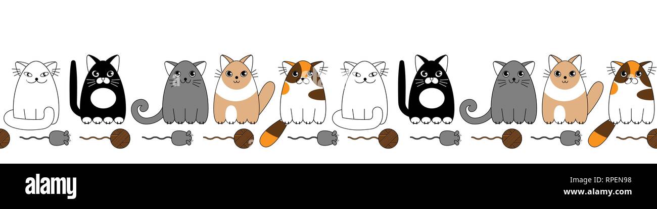 Cartoon carino gatti colorati in una riga del modello senza giunture Illustrazione Vettoriale