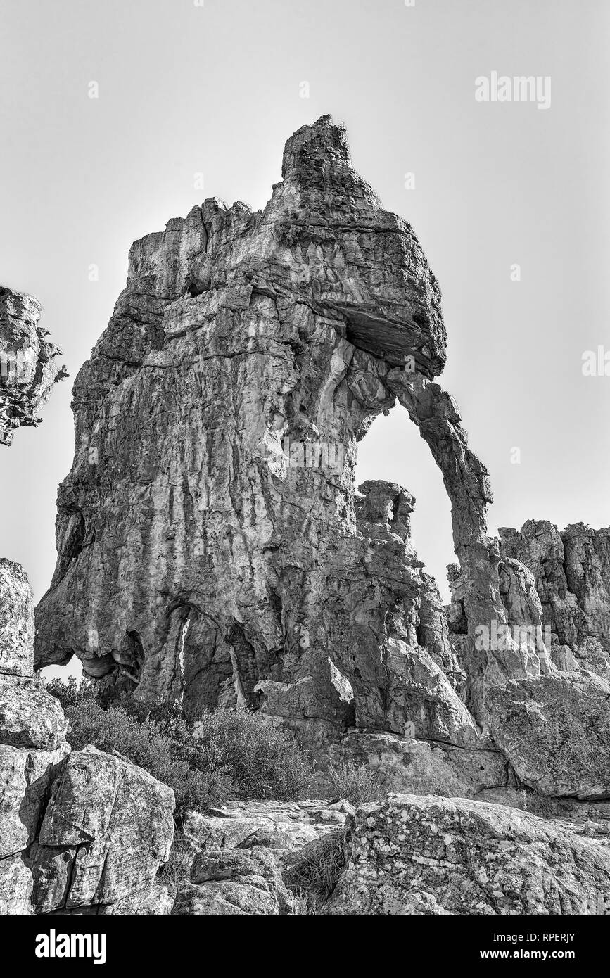 Arco di roccia su lotti moglie sentiero escursionistico a Dwarsrivier nelle montagne Cederberg. Monocromatico Foto Stock