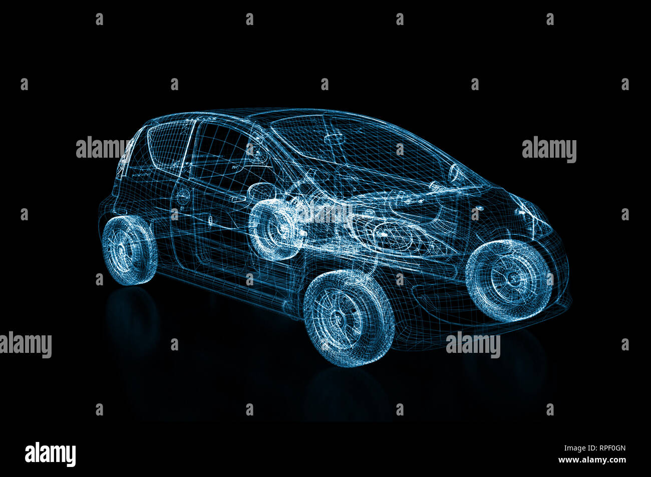 3D rendering di un generico brandless auto fili blu su sfondo nero Foto Stock