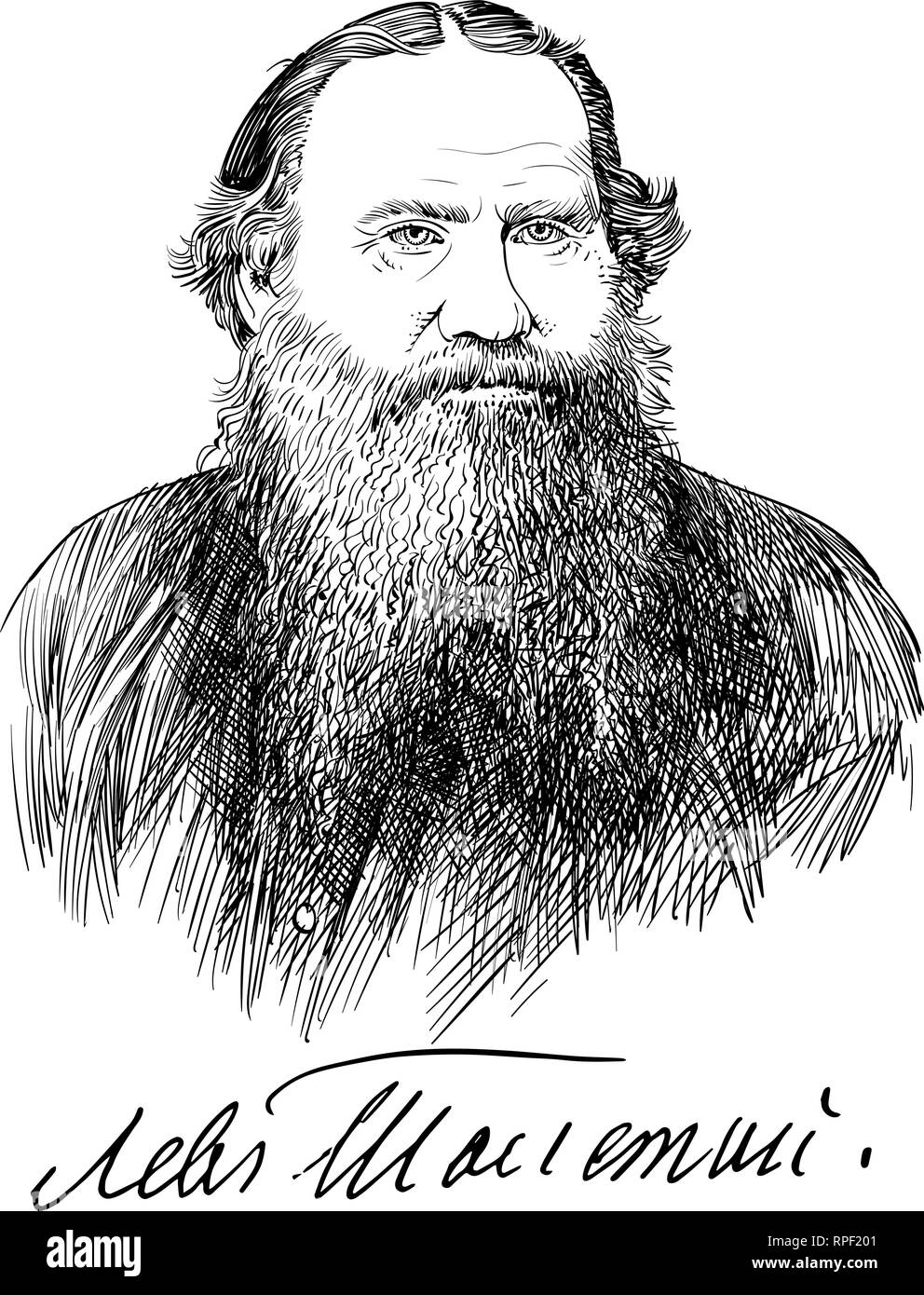 Nikolayevich Lev Tolstoj ritratto line art illustrazione. Egli è stato il russo romanziere classico, short-story scrittore, filosofo e teorico sociale. Illustrazione Vettoriale