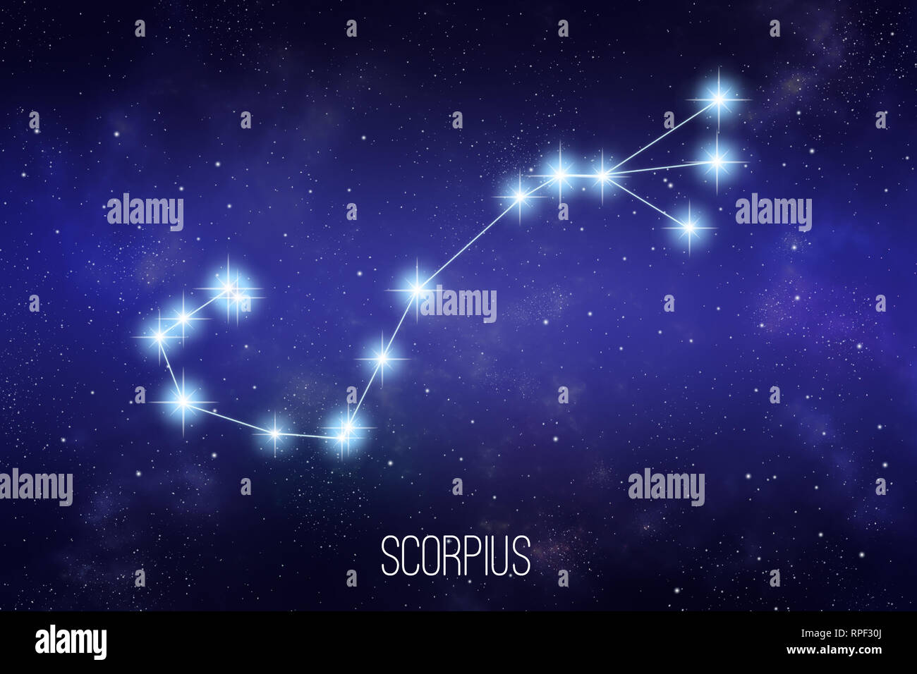 Lo scorpione costellazione zodiacale su un spazio stellato sfondo con scritte Foto Stock