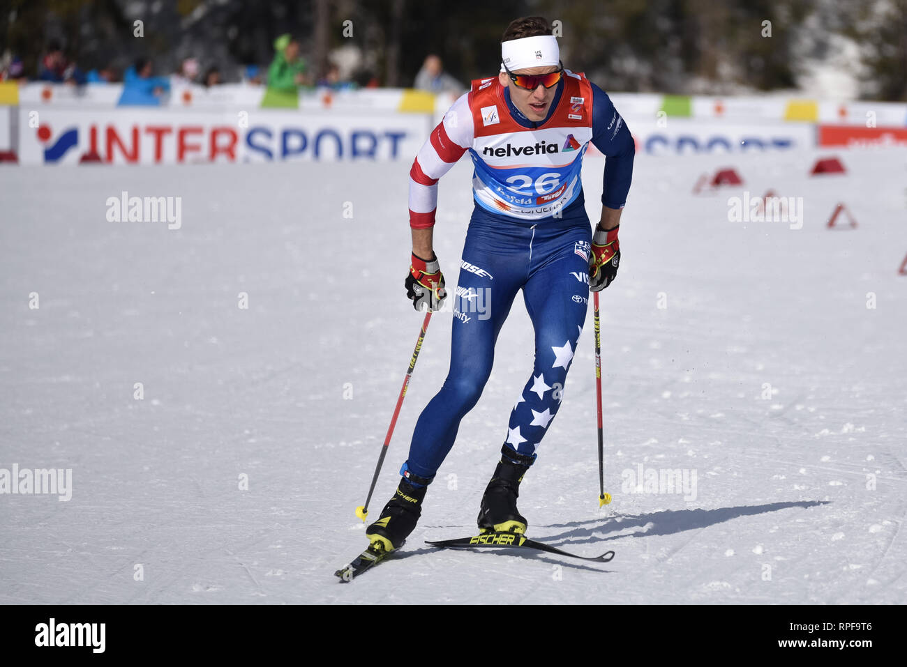 Seefeld, Austria. Il 21 febbraio, 2019. Kevin Bolger degli STATI UNITI D'AMERICA compete in uomini della 1,6-chilometro sprint qualification round a 2019 del mondo sci nordico campionati. Credito: John Lazenby/Alamy Live News Foto Stock