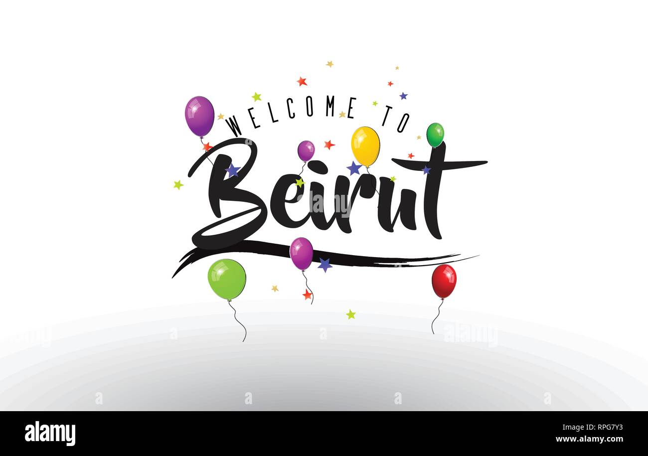 Beirut Benvenuti al testo con palloncini colorati e stelle Design illustrazione vettoriale. Illustrazione Vettoriale