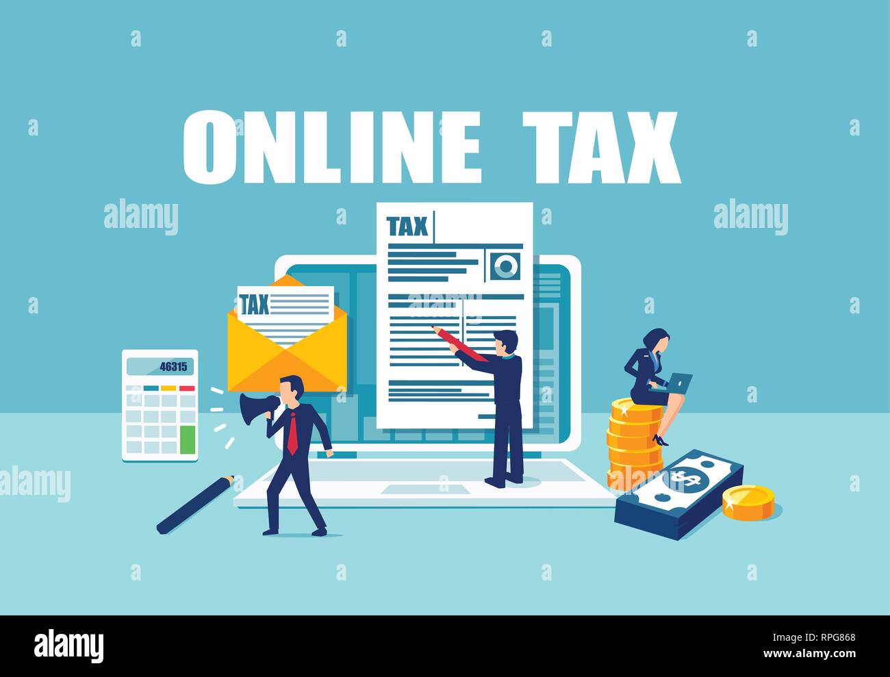 Il riempimento delle imposte on-line concept. Vettore di persone di riempimento sotto forma di imposta i documenti utilizzando i servizi internet Illustrazione Vettoriale