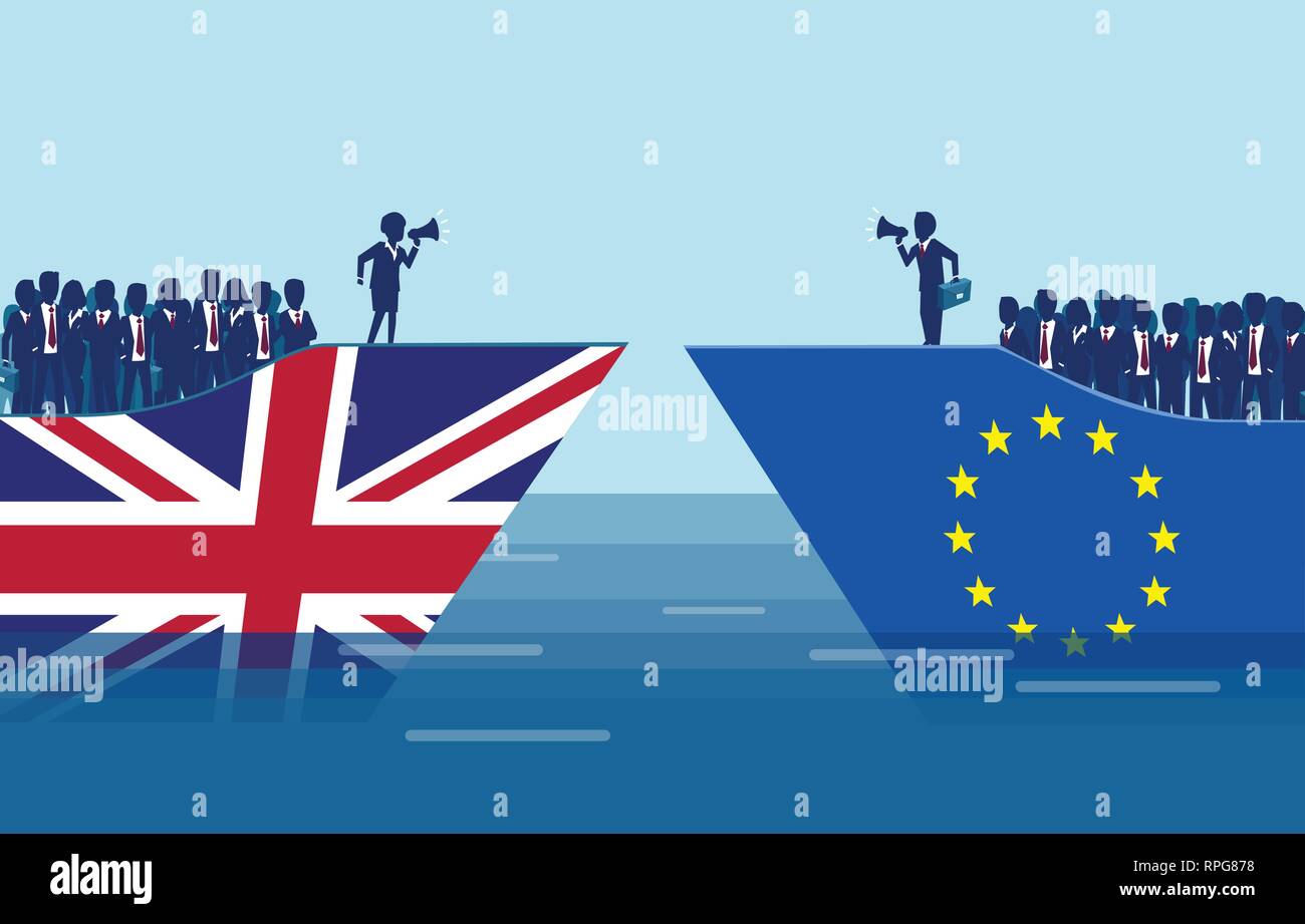 Negoziati Brexit folla e concetto di manipolazione. Vettore di un Britannico e di navi dell'Unione europea con i leader di negoziare un affare di uscita, seguita da CR Illustrazione Vettoriale