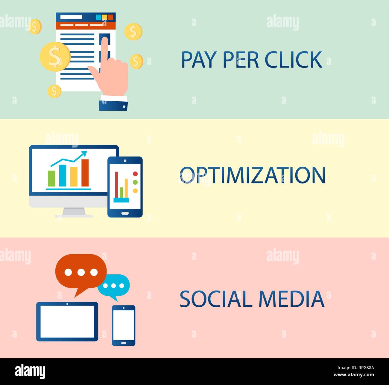 SEO pubblicità online concetto. Set di vettore pay per click interfaccia, ricerca di ottimizzazione, il social media marketing Illustrazione Vettoriale