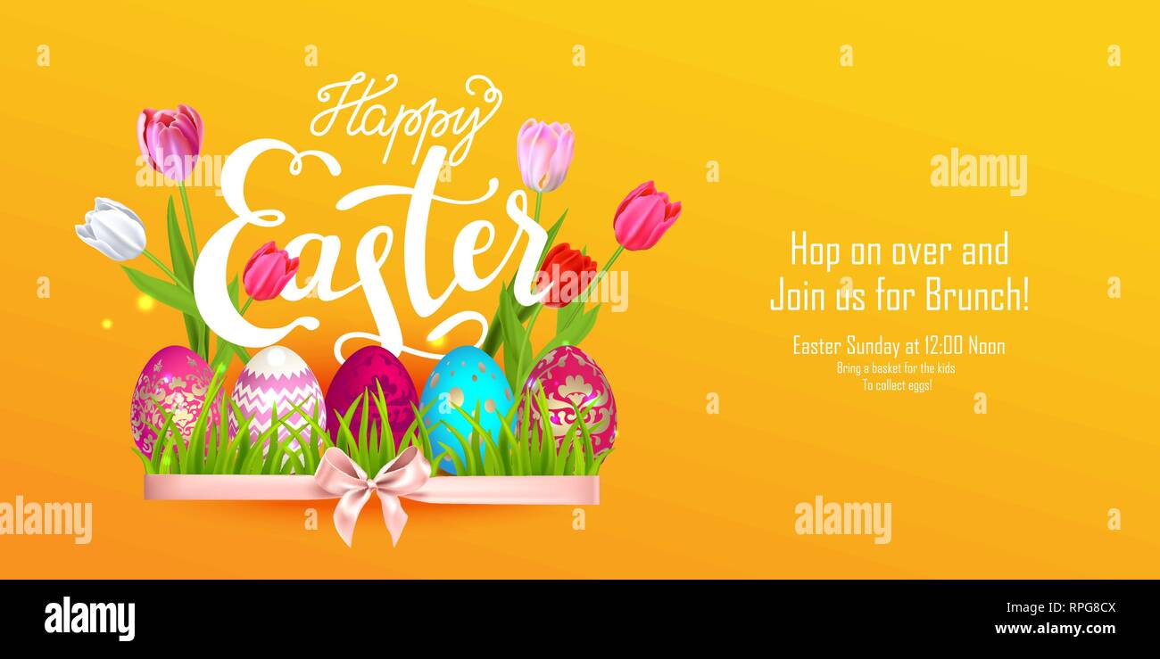 Felici vacanze di Pasqua concetto. Bel colore arancione realistico vettore di Pasqua banner. Illustrazione Vettoriale