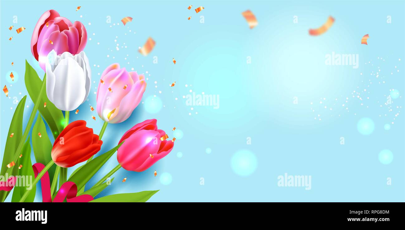 Vettore realistico tulipani colorati sfondo. Fiori di Primavera blu scheda incantevole con posto per il testo. Illustrazione Vettoriale