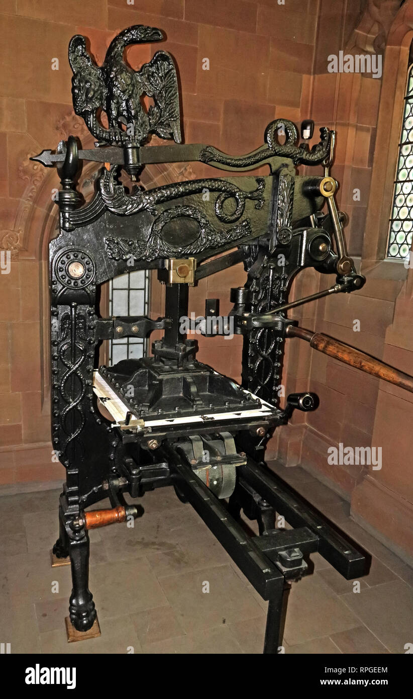 Columbian Gutenberg Printing Press, John Rylands Library, 150 Deansgate, Manchester, North West England, REGNO UNITO, M3 3EH Foto Stock
