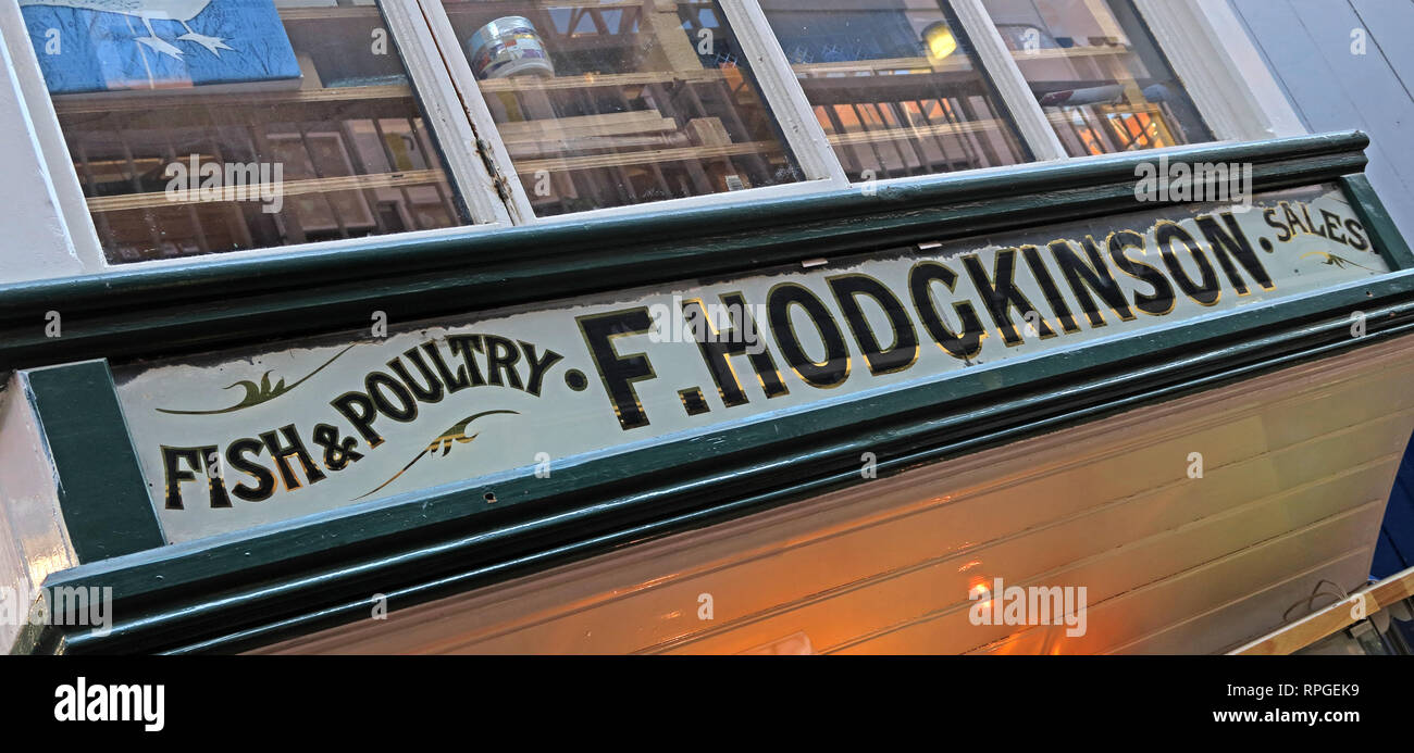 Pesce e Pollame, F.Hodgkinson ufficio vendite, Manchester villaggio artigianale, Oak Street, Northern Quarter, Manchester, Lancashire, Regno Unito, M4 5JD Foto Stock