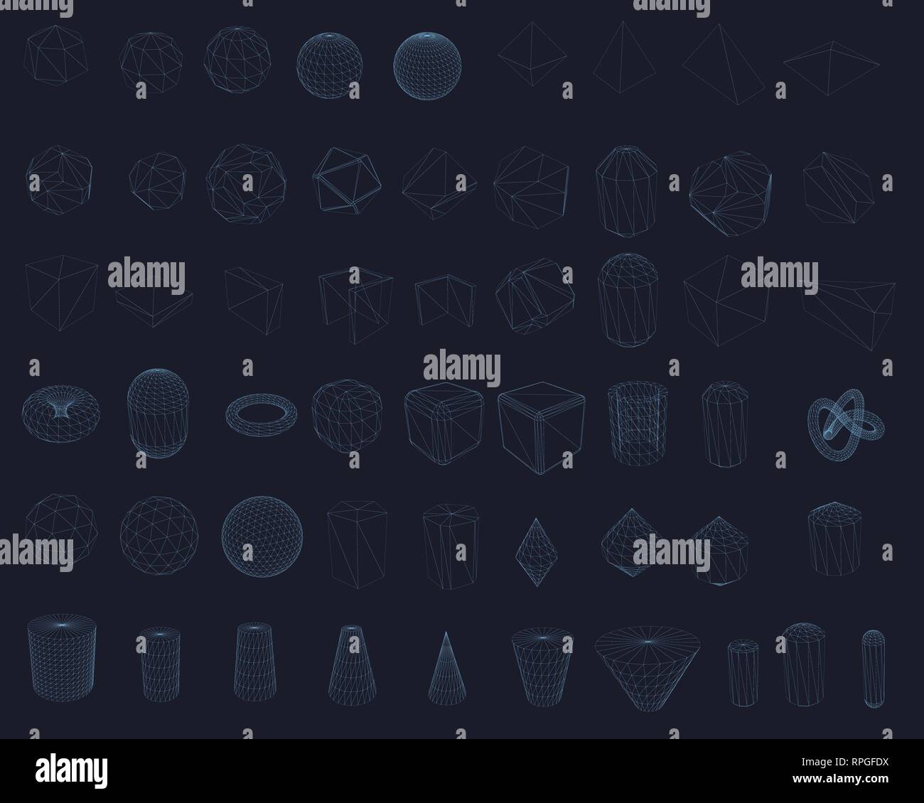 Impostare con wireframe di forme geometriche di forme diverse su uno sfondo blu scuro. Forme geometriche dalle linee blu. Forme poligonali per il vostro Illustrazione Vettoriale