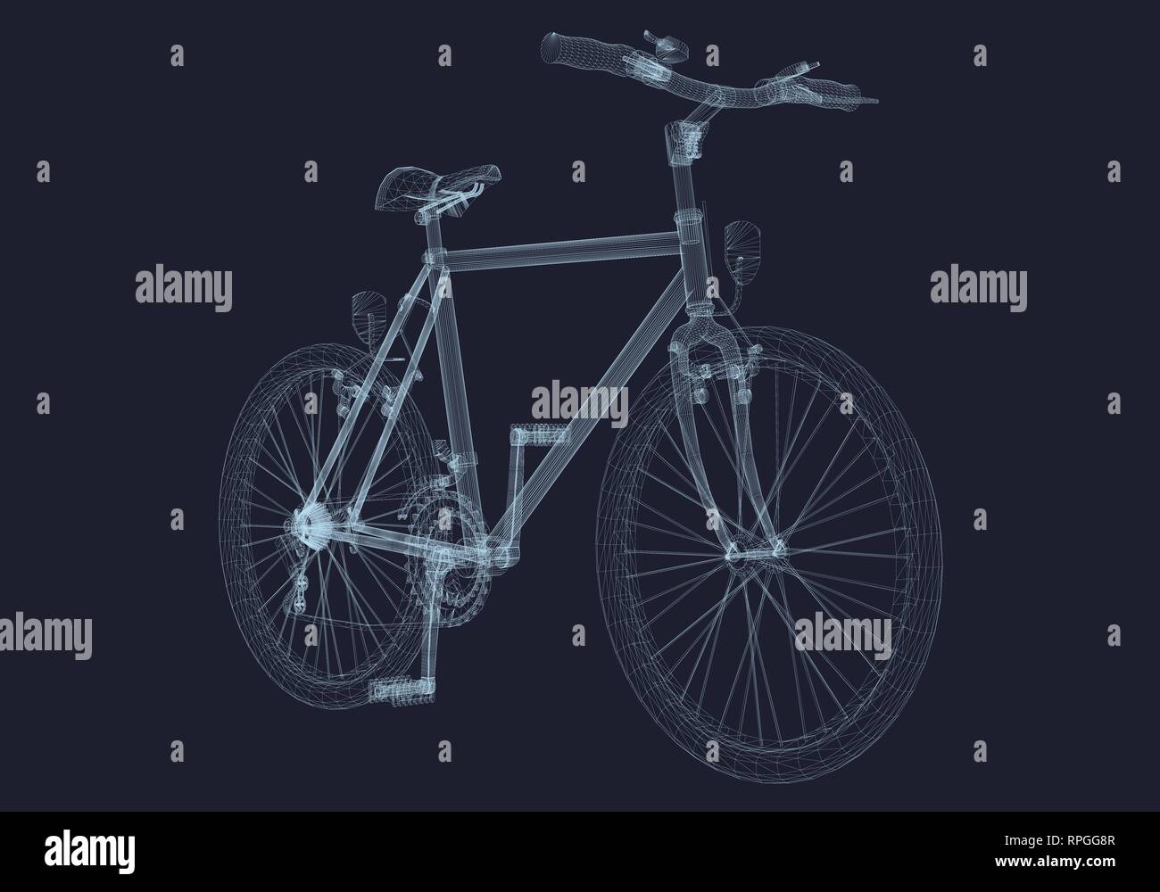 Noleggio wireframe. Modello dettagliato del telaio di bicicletta su uno sfondo scuro. Bicicletta consiste di linee blu. 3D. Vista isometrica. Illustrazione Vettoriale. Illustrazione Vettoriale