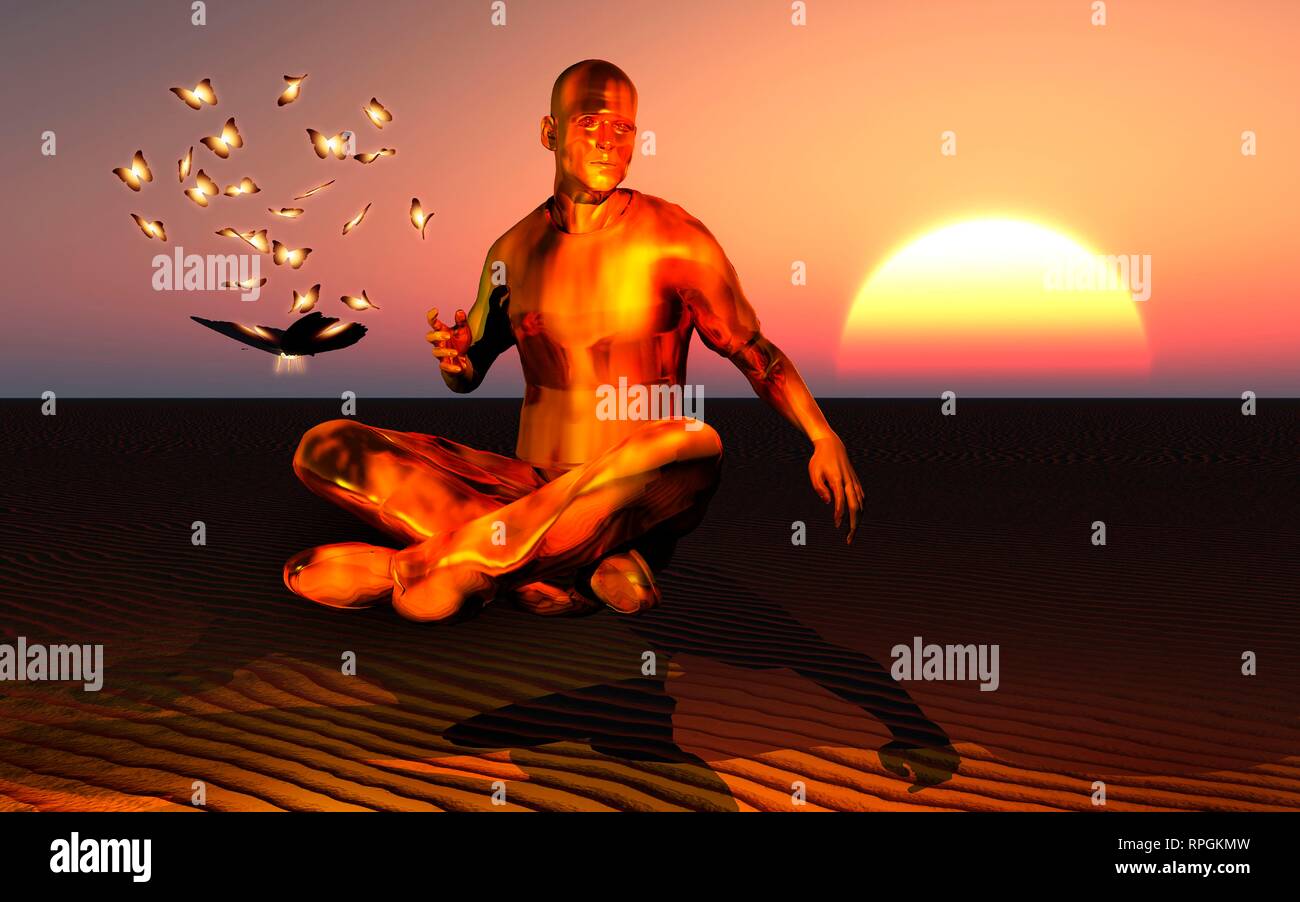 Figura maschile far levitare in un altro Stato, mentre si pratica la meditazione trascendentale. Foto Stock