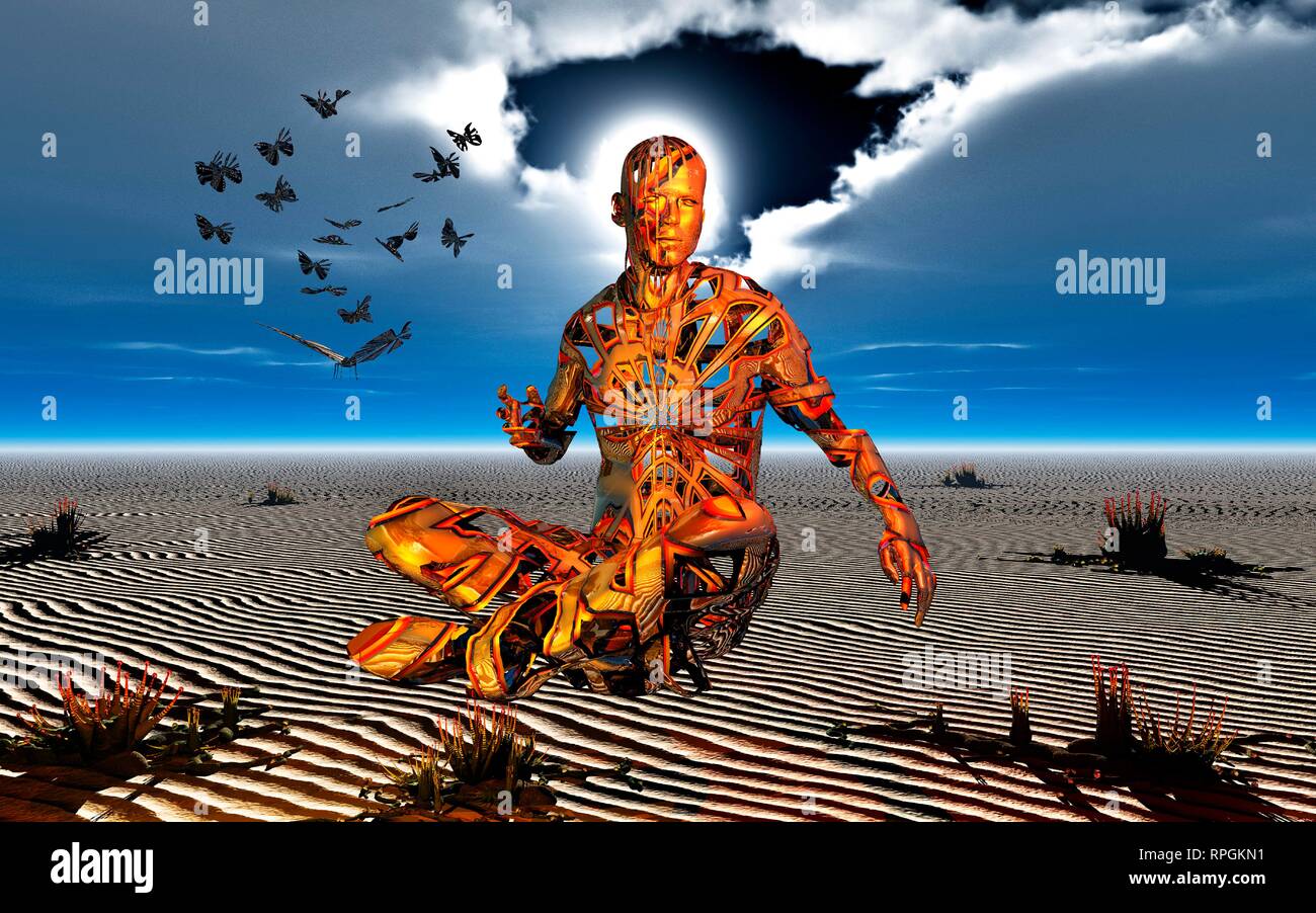 Figura maschile far levitare in un altro Stato, mentre si pratica la meditazione trascendentale. Foto Stock