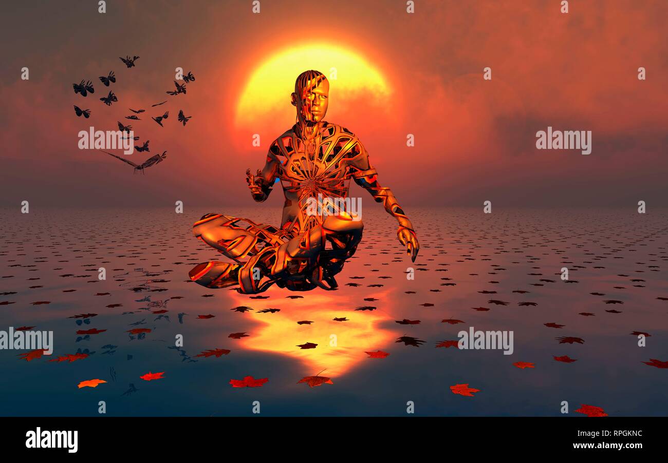 Figura maschile far levitare in un altro Stato, mentre si pratica la meditazione trascendentale. Foto Stock