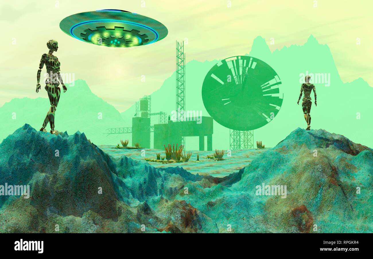 Androids robotica riparazione danneggiato la stazione di tracking su un mondo alieno. Foto Stock