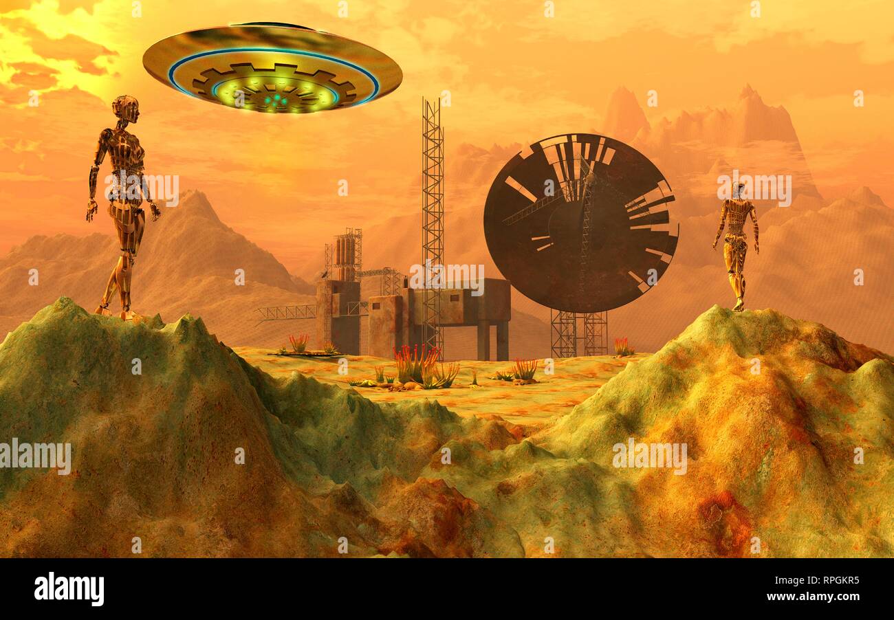 Androids robotica riparazione danneggiato la stazione di tracking su un mondo alieno. Foto Stock