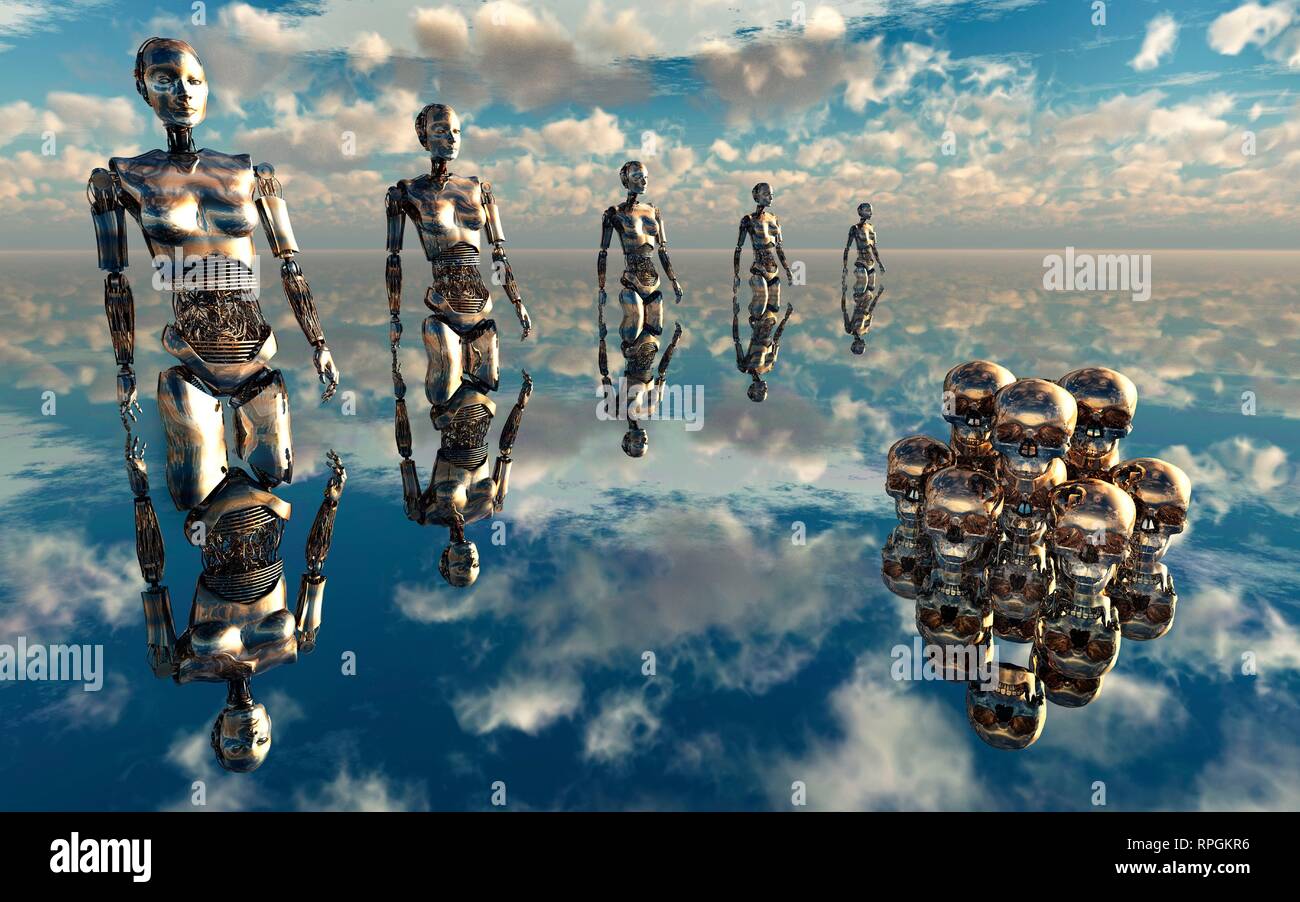 La progressiva evoluzione e sviluppo della robotica. Foto Stock