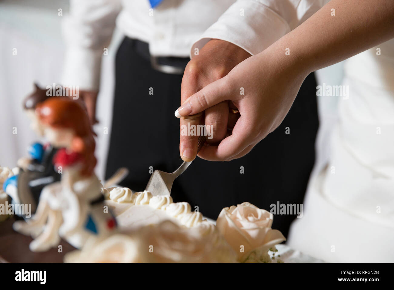 Primo piano orizzontale wo sposa e lo sposo il taglio della torta di nozze Foto Stock