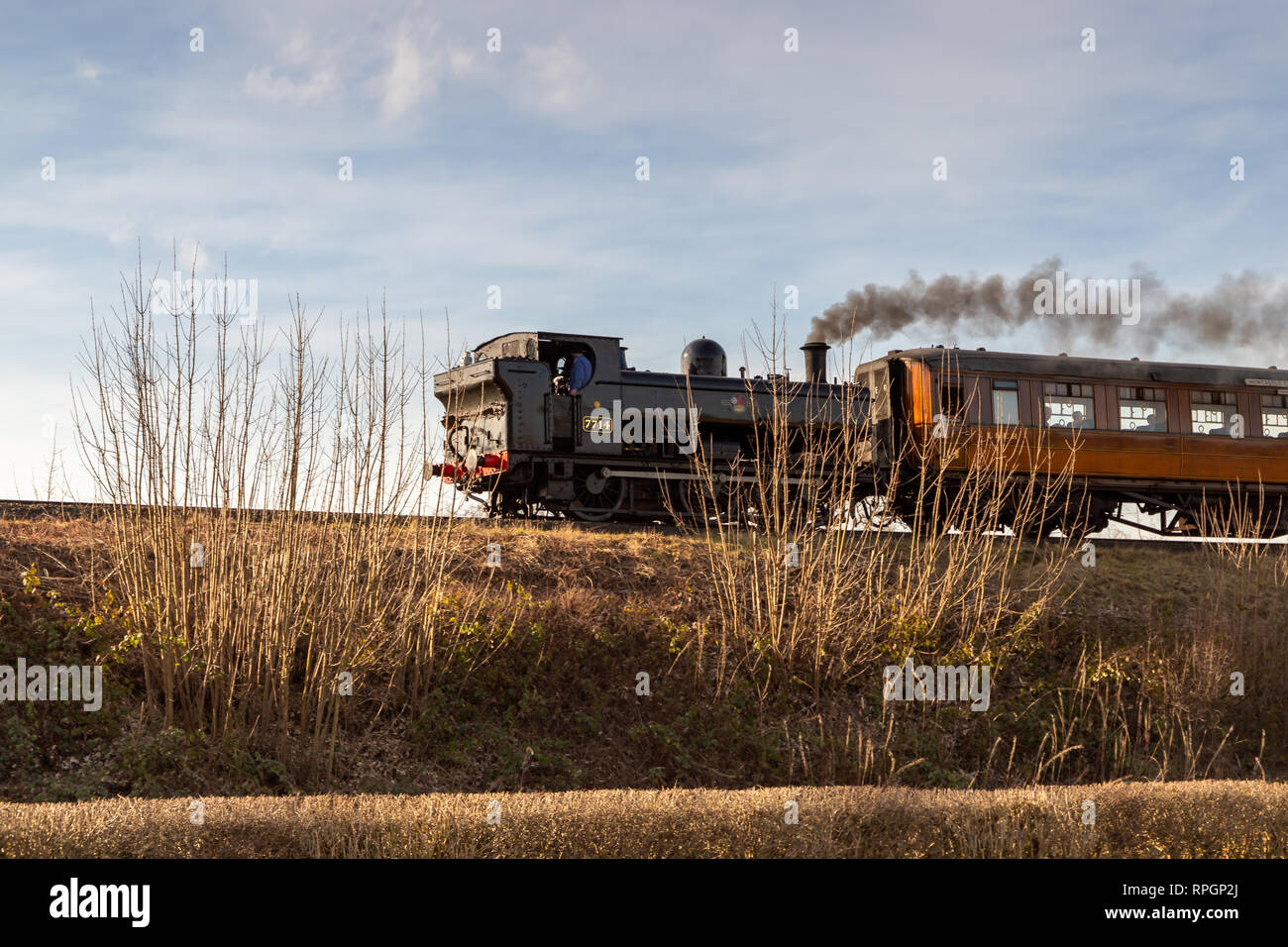 Treni a vapore in Severn Valley Railway nel pittoresco villaggio di Arley in Worcestershire, Regno Unito. Preso il 21 febbraio 2019 Foto Stock
