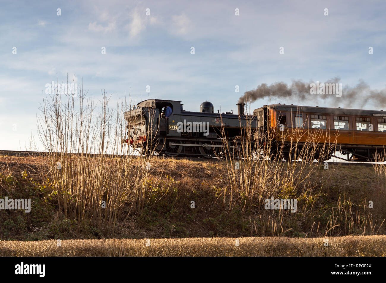Treni a vapore in Severn Valley Railway nel pittoresco villaggio di Arley in Worcestershire, Regno Unito. Preso il 21 febbraio 2019 Foto Stock