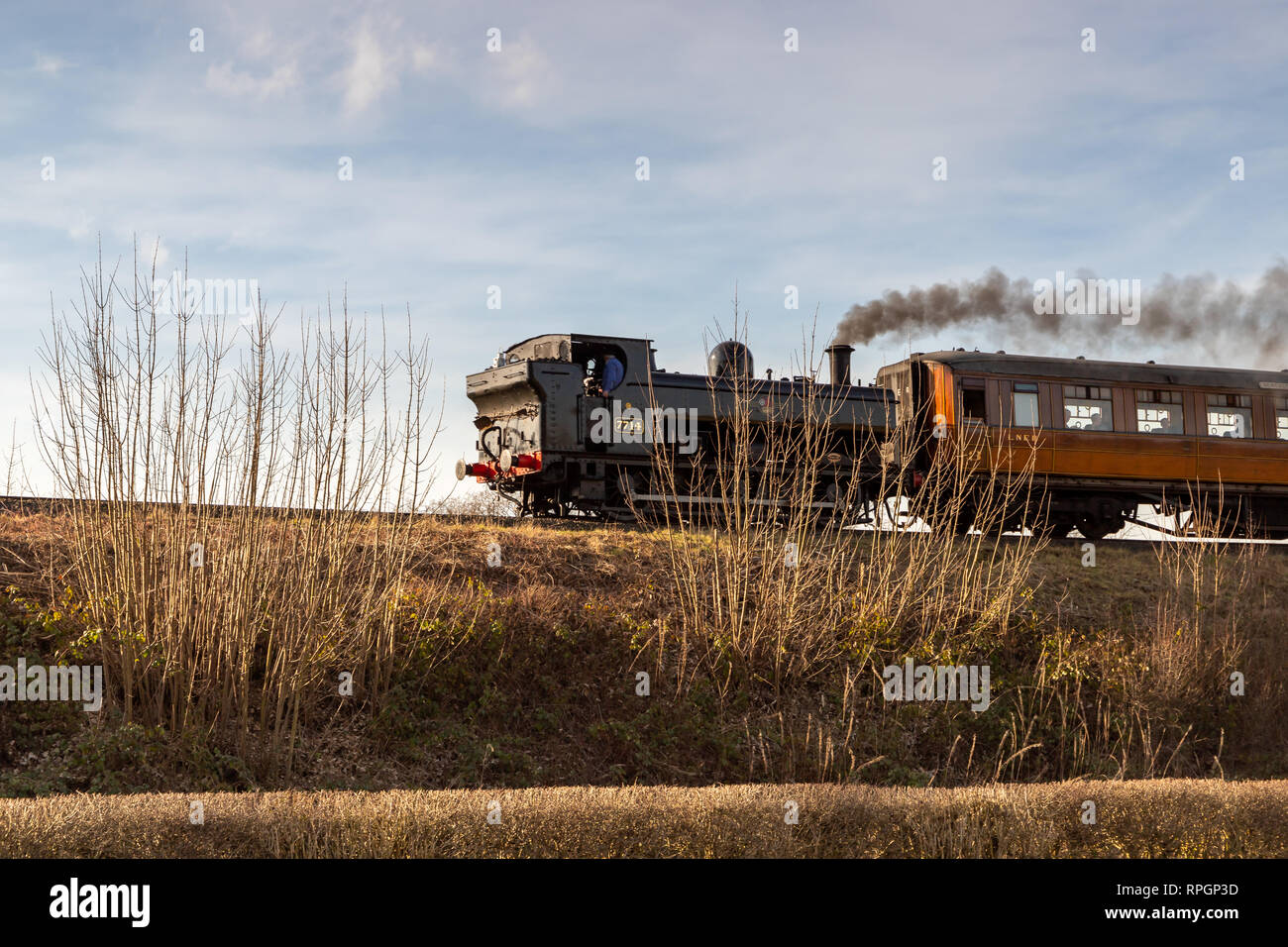 Treni a vapore in Severn Valley Railway nel pittoresco villaggio di Arley in Worcestershire, Regno Unito. Preso il 21 febbraio 2019 Foto Stock