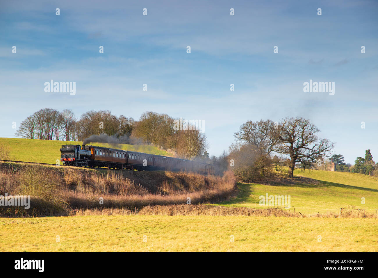 Treni a vapore in Severn Valley Railway nel pittoresco villaggio di Arley in Worcestershire, Regno Unito. Preso il 21 febbraio 2019 Foto Stock