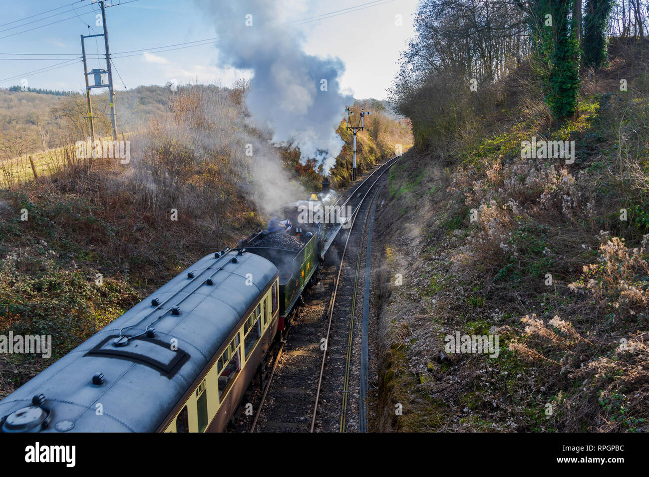 Treni a vapore in Severn Valley Railway nel pittoresco villaggio di Arley in Worcestershire, Regno Unito. Preso il 21 febbraio 2019 Foto Stock