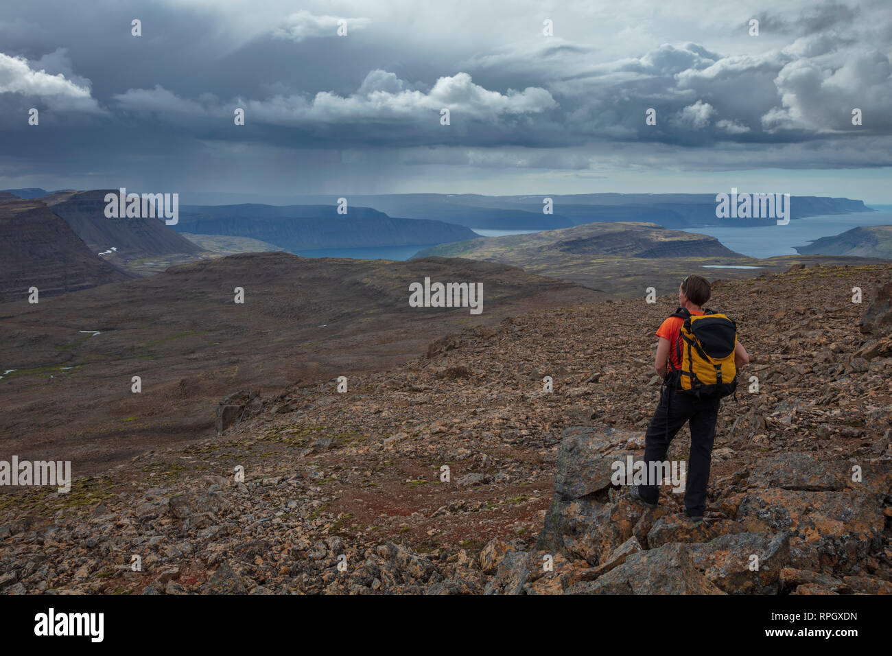 Escursionista guardando verso il fiordo di Arnarfjordur dalla montagna di Lomfell. Westfjords, Islanda. Foto Stock