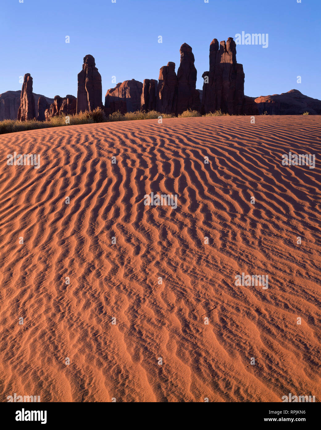 Stati Uniti d'America, Arizona, il parco tribale Navajo, Sunrise definisce la texture di dune di sabbia con torri di roccia chiamato Yei-Bi-Chei aumento nella distanza. Foto Stock