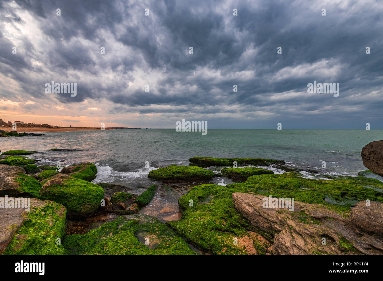 Colori del mare a riva con le alghe verdi a nuvoloso meteo Foto Stock