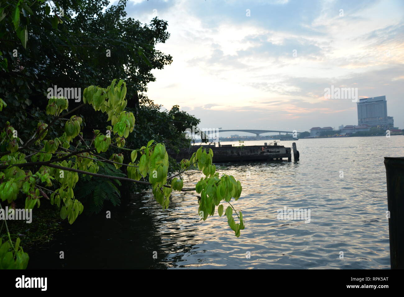 Vista del Chao Phraya-fiume al tramonto, Bangkok, Thailandia Foto Stock