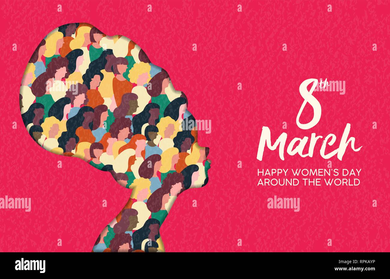 Felice Womens giorno illustrazione. Carta africana tagliare ragazza silhouette con gruppo di donne all'interno, femmina della folla per la parità dei diritti marzo o protesta pacifica conc Illustrazione Vettoriale