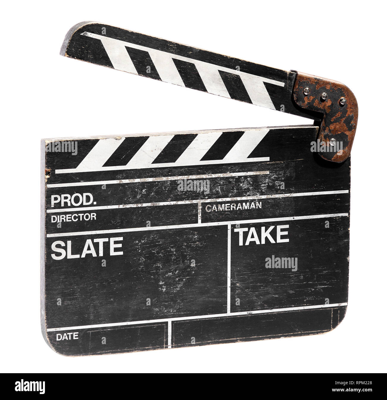 Vintage vuoto clap film board per la cinematografia o video con il battaglio sollevato per registrare la data di inizio e fine di una sequenza di movimento per la sincronizzazione del suono Foto Stock