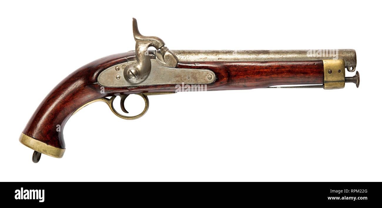 Vecchio vintage a pistola flintlock pistola con manico in legno, visto dal lato, isolato su bianco Foto Stock