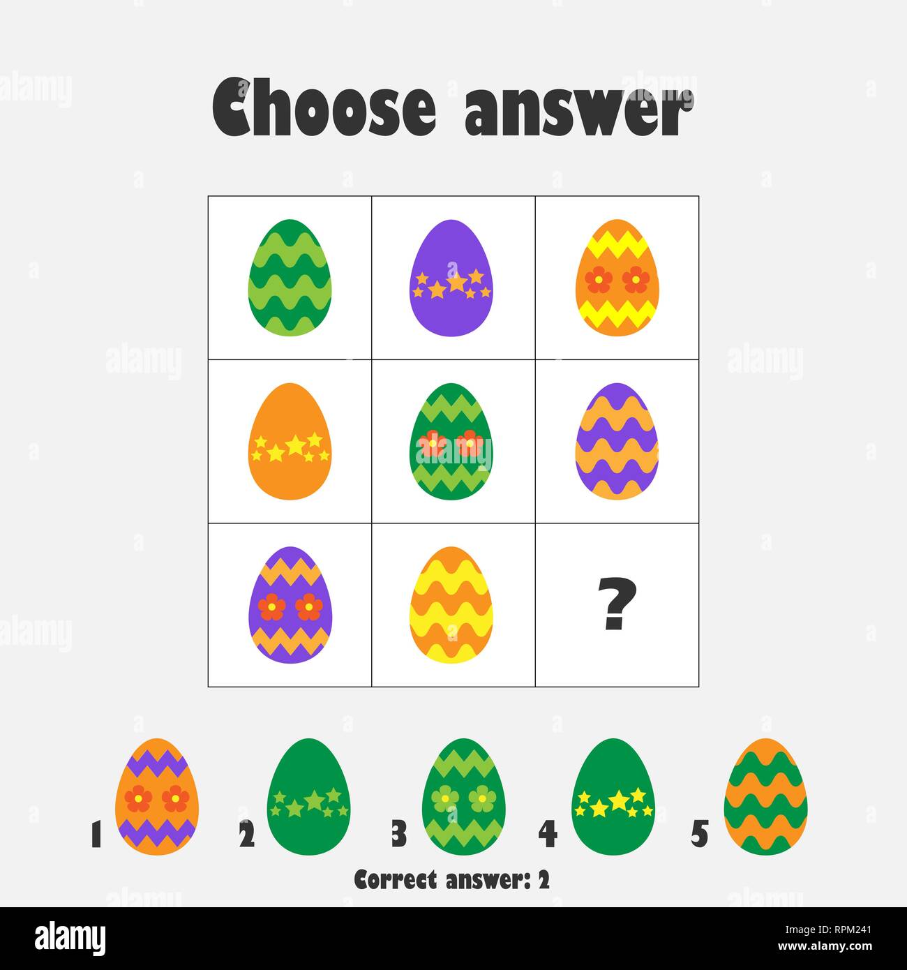 Scegli la risposta corretta, test IQ con uova di Pasqua per i bambini, divertente gioco di educazione per i bambini in età prescolare attività del foglio di lavoro, task per lo sviluppo di l Illustrazione Vettoriale