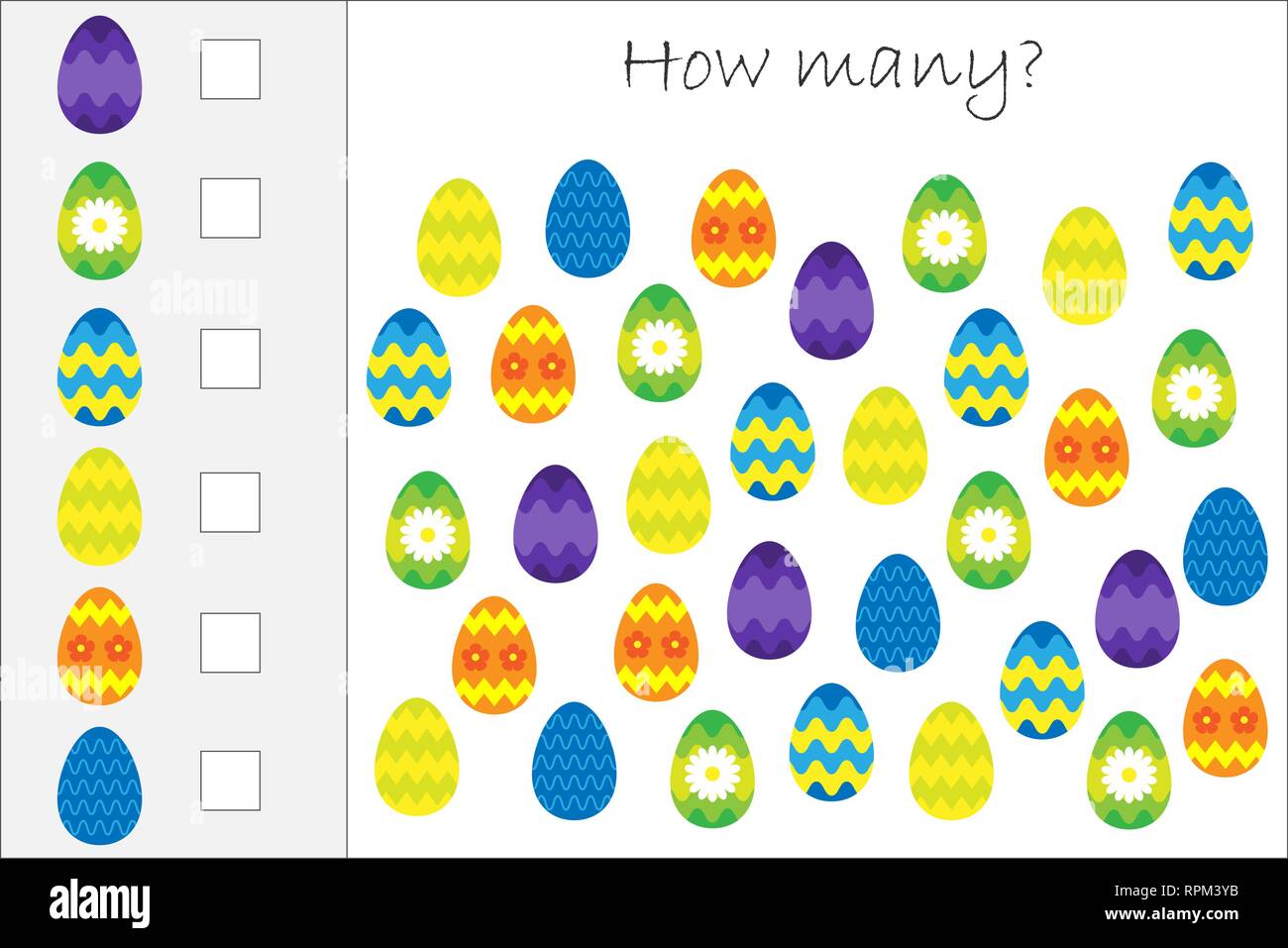 Come molti gioco di conteggio con decorazione di uova di Pasqua per i bambini, istruzione matematica task per lo sviluppo del pensiero logico, foglio di lavoro in età prescolare activ Illustrazione Vettoriale