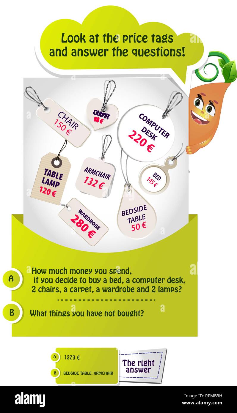 Gioco educativo per i bambini e gli adulti e sviluppo della formazione di memoria. Compito gioco guarda il prezzo tag e rispondere alle domande. Illustrazione Vettoriale